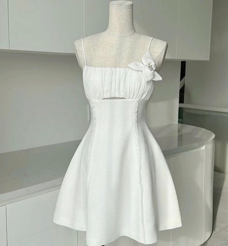 Chic A Line Spaghetti Straps White Satin With Flower Short Homecoming Dress,Summer 17th Birthday Dress GG4387