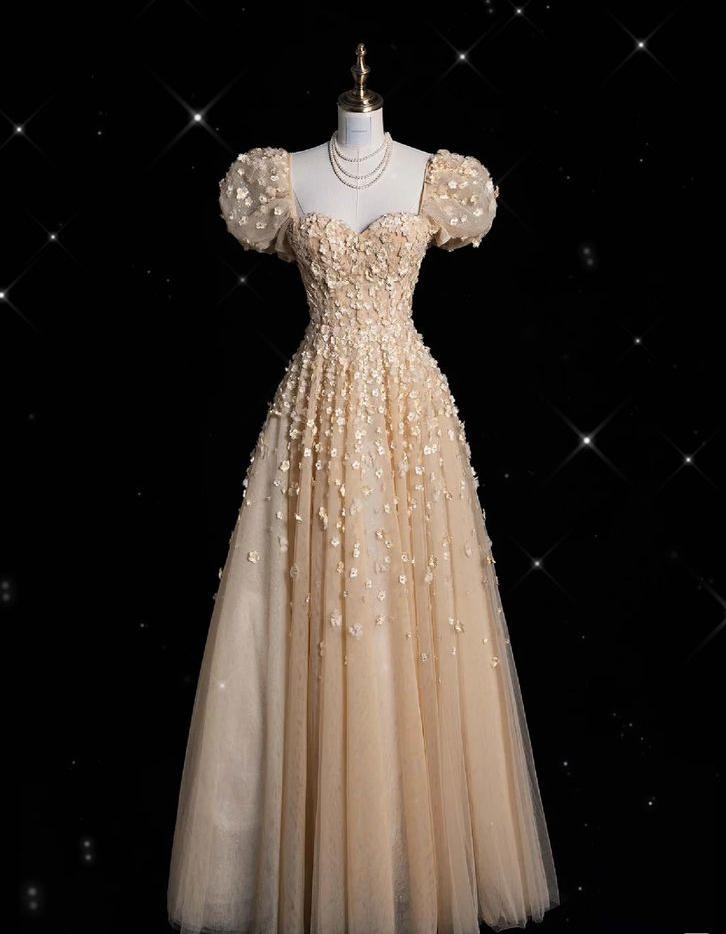 Gorgeous A Line Sweetheart Applique Pastel Yellow Tulle Long Prom Dress, Evening Dress GG449