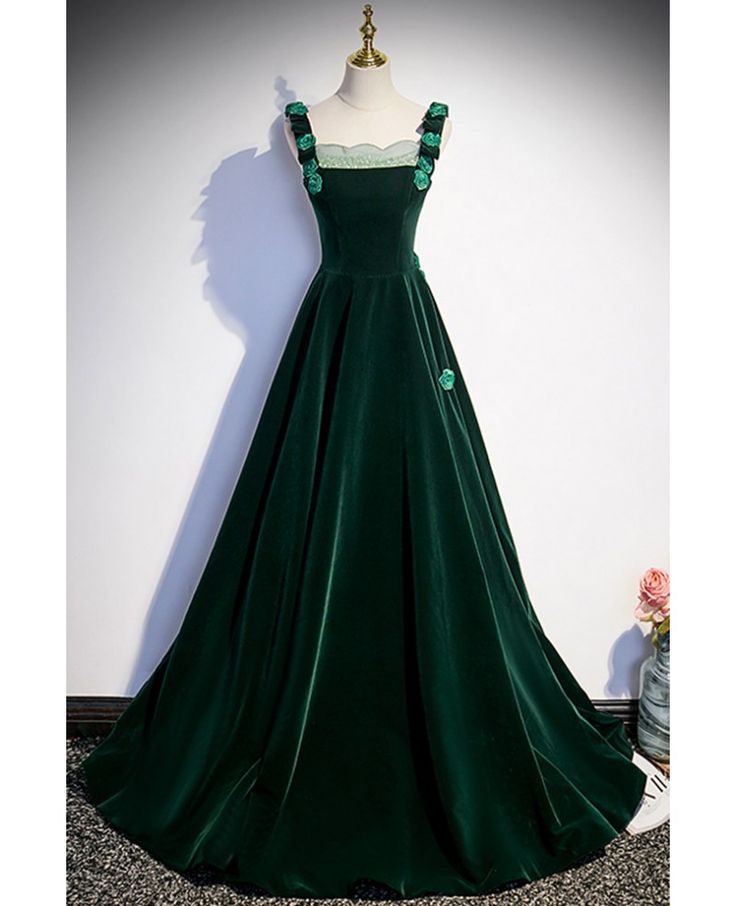 Vintage Dark Green A Line Square Flower Shoulder Straps Velvet Long Prom Dress,Evening Dress GG495