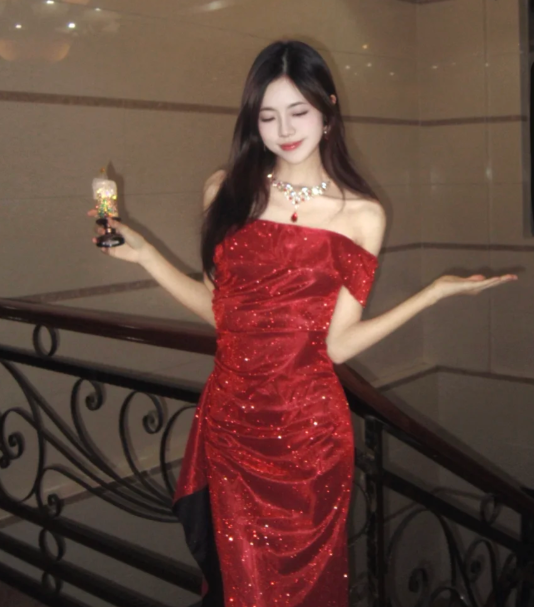 Shiny Mermaid Off The Shoulder Red Satin Sequin Without Sleeves Long Prom Dress,Evening Dress GG5596