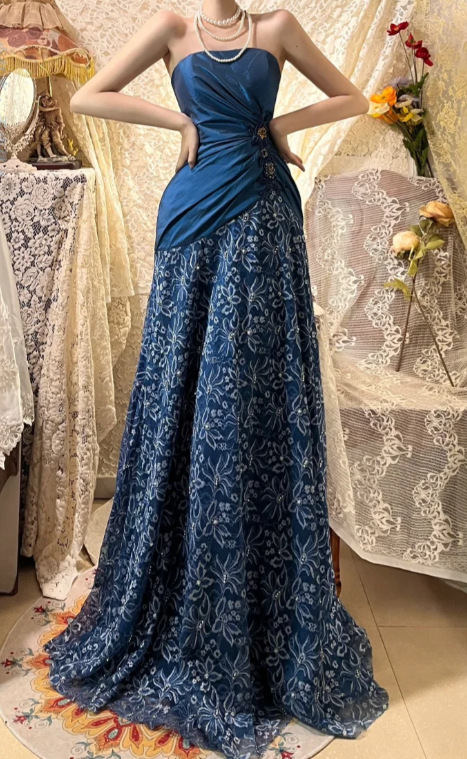 Chic A Line Strapless Satin Lace Without Sleeves Long Prom Dress,Evening Dress GG5617