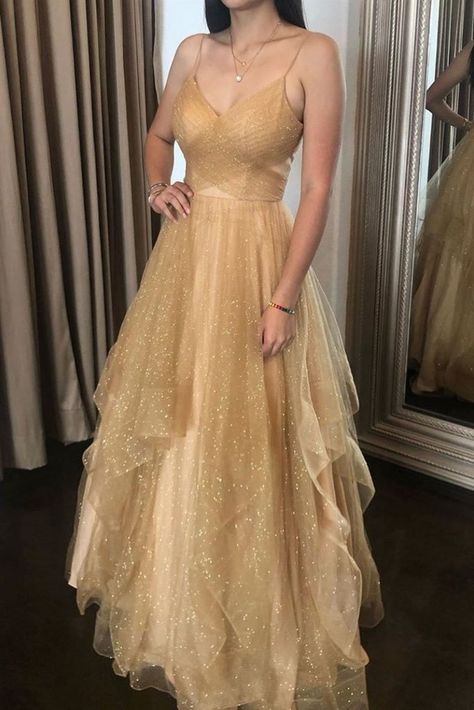 Shiny Gold A Line Spaghetti Straps Tulle Sequin Without Sleeves Long Prom Dress,Evening Dress GG5626