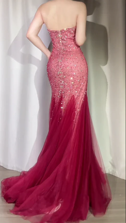 Shiny Mermaid Sweetheart Tulle Beaded Without Sleeves Long Prom Dress,Evening Dress GG5628
