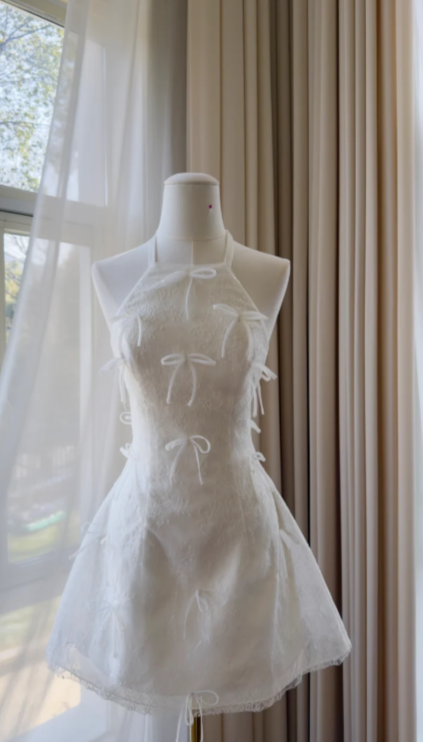 Pretty White A Line Halter Tulle Lace Short Homecoming Dress,Vacation Dress,20th Birthday Dress GG5786