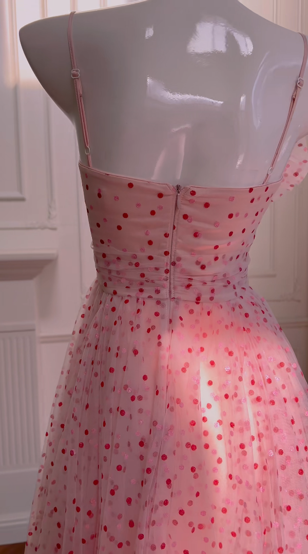 Adorable Spaghetti Straps Pink Prom Dress Polka Dots A-Line Evening Dress GG5967