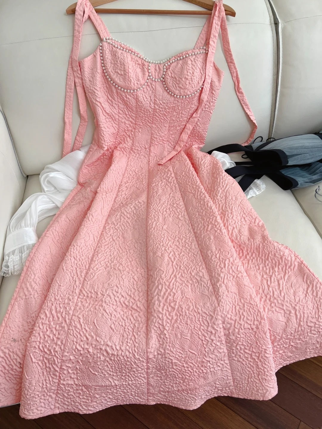 Sweet Spaghetti Straps Pink Prom Dress Beaded Textured A-Line Evening Dress GG6018