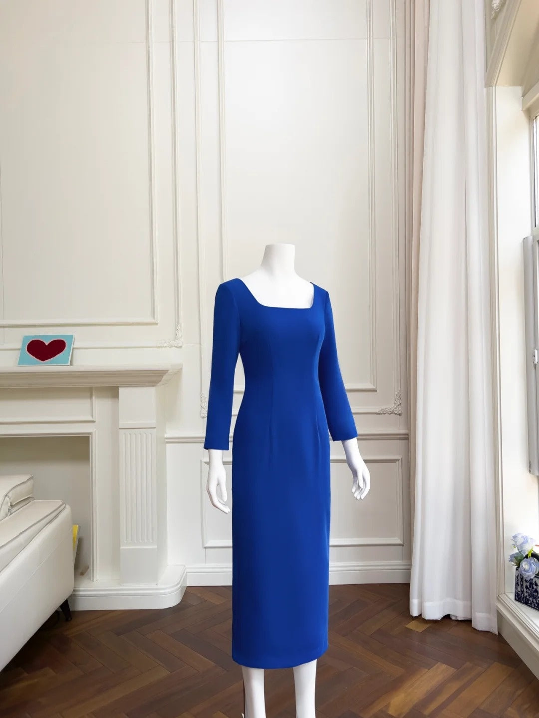 Simple Square Neck Blue Prom Dress Long Sleeve Sheath Evening Dress GG6048