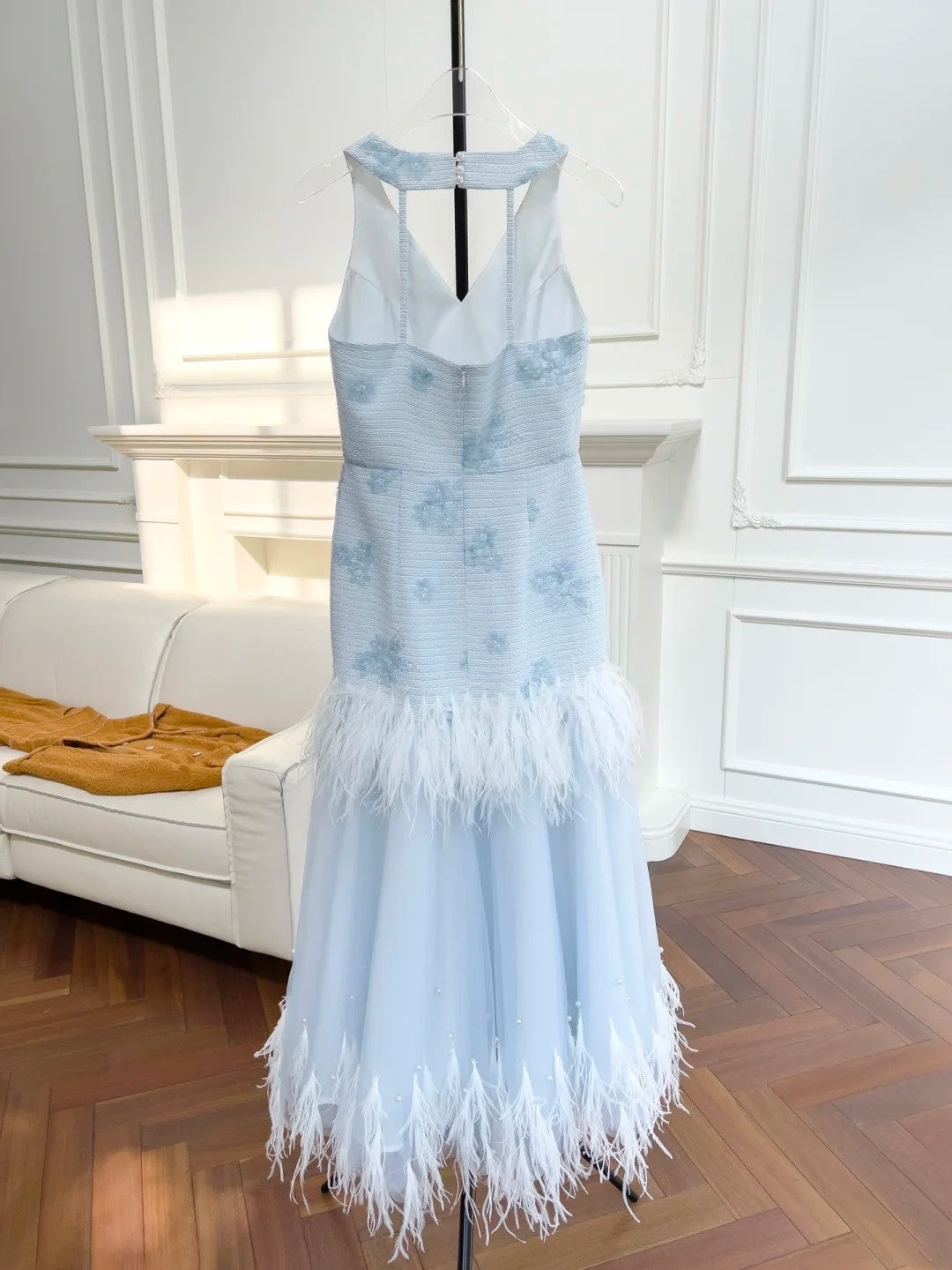 Romantic V Neck Blue Prom Dress Tiered Feather A-Line Evening Dress GG6051