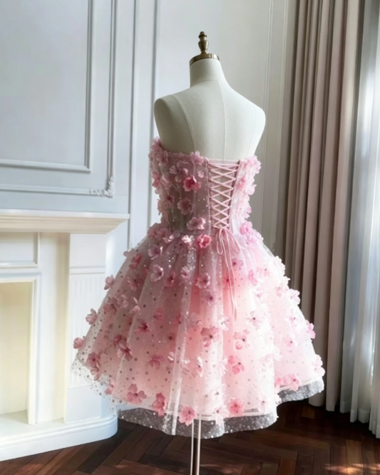 Charming Strapless Pink Homecoming Dress Appliques A-Line Sequins Birthday Dress GG6055