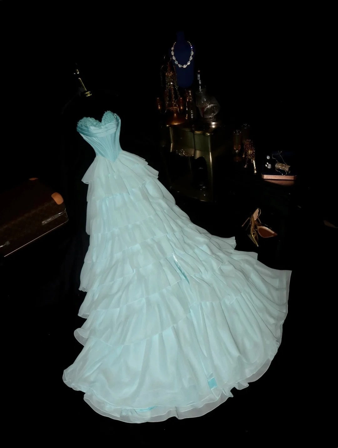 Y2K Sweetheart Neck Green Prom Dress Beading Bodice Tiered A-Line Evening Dress GG6074