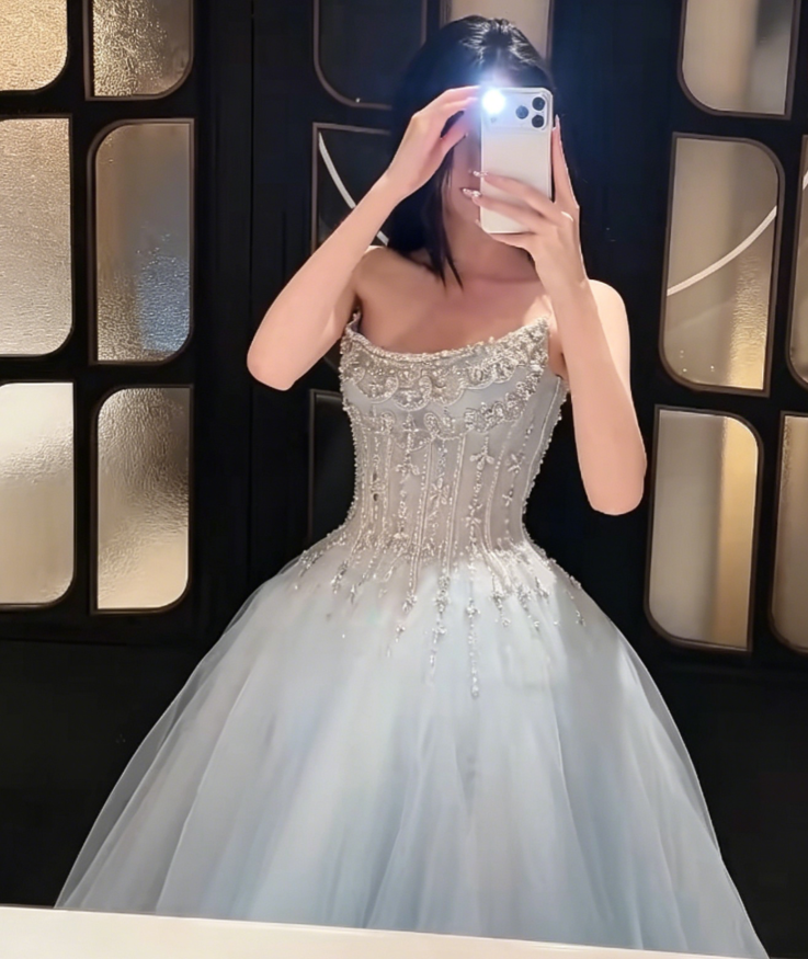 Luxury Strapless Blue Prom Dress Sequins Tulle Beaded A-Line Evening Dress GG6226