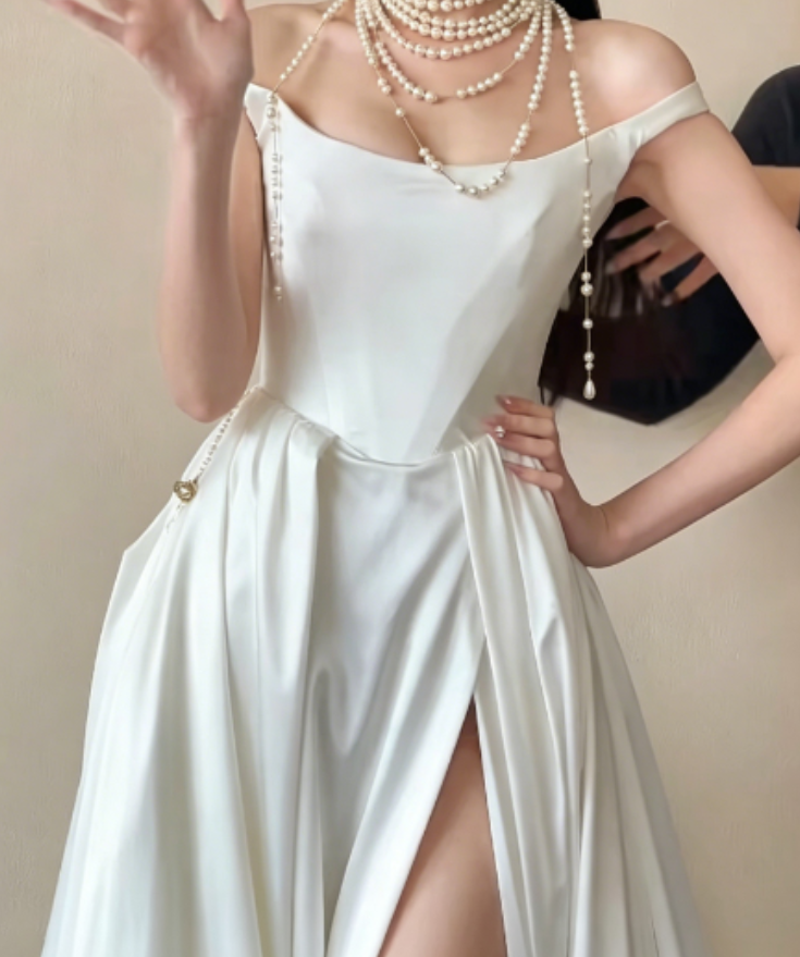 Chic Off-Shoulder White Wedding Dress High Slit Satin A-Line Bridal Dress GG6234