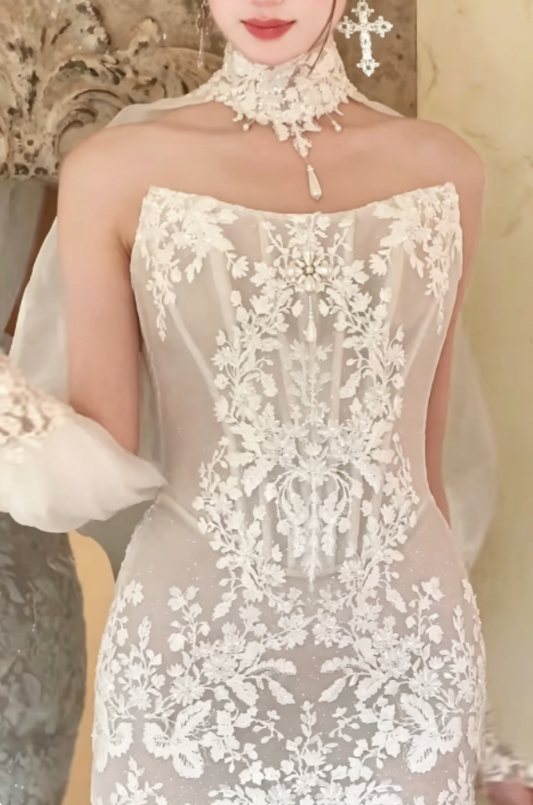 Charming Strapless White Wedding Dress With Sleeve Short Lace Sheath Bridal Dress GG6255
