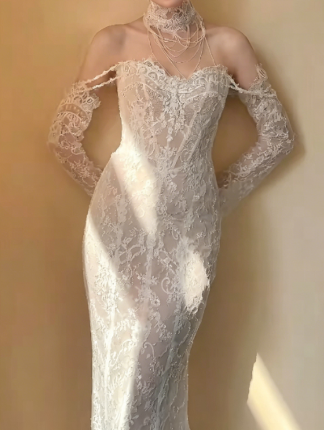 Gorgeous Off-Shoulder Beaded Wedding Dress Long Sleeve Lace Mermaid Bridal Dress GG6268