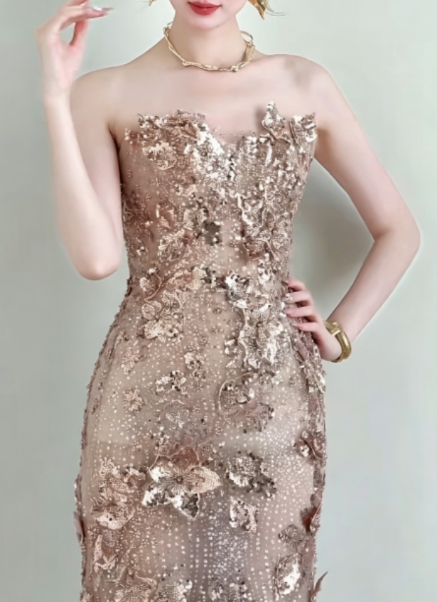 Glittering Strapless Gold Prom Dress Appliques Sequins Mermaid Evening Dress GG6295