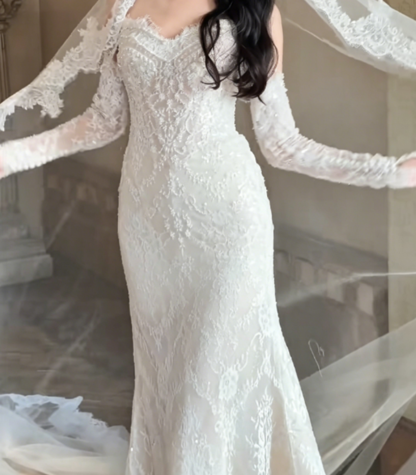 Trendy Off-Shoulder Lace Wedding Dress With Sleeves Sequins Mermaid Bridal Dress GG6309