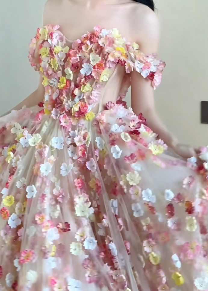 Chic Off-Shoulder Pastel Pink Prom Dress 3D Appliques Beads A-Line Evening Dress GG6321