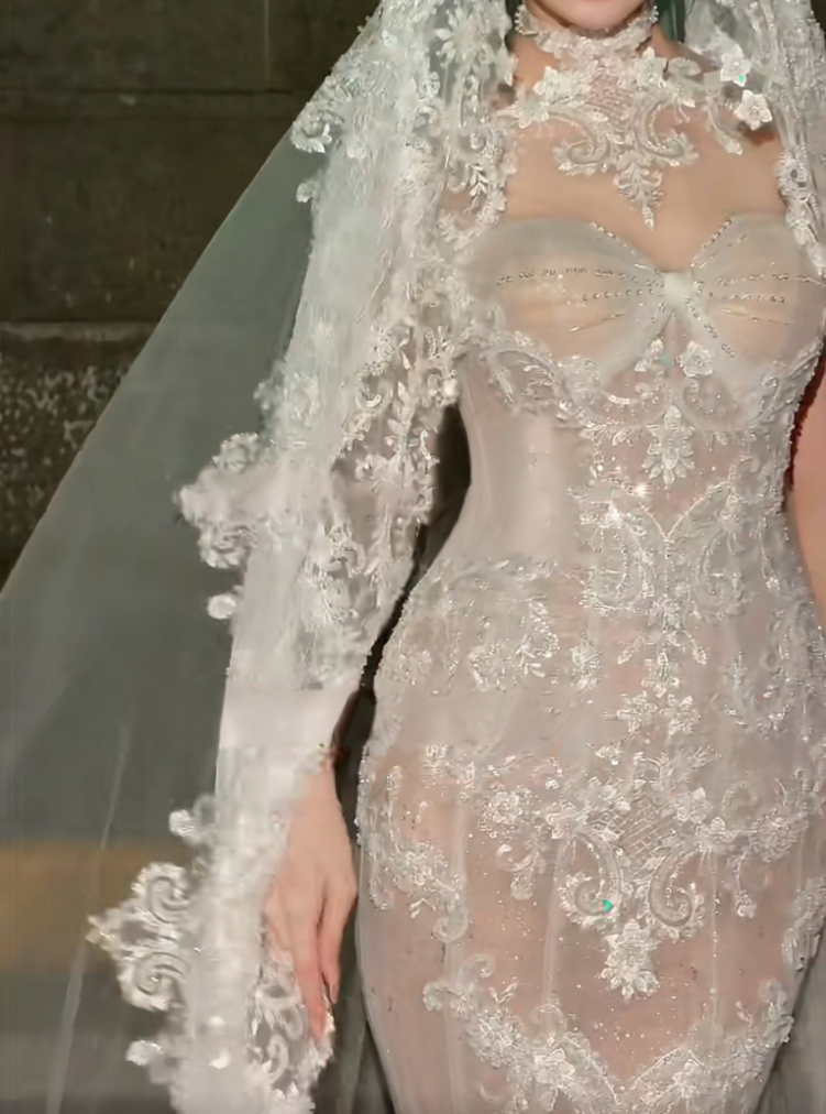 Romantic High Collar White Wedding Dress Appliques Sequins Mermaid Bridal Dress GG6363