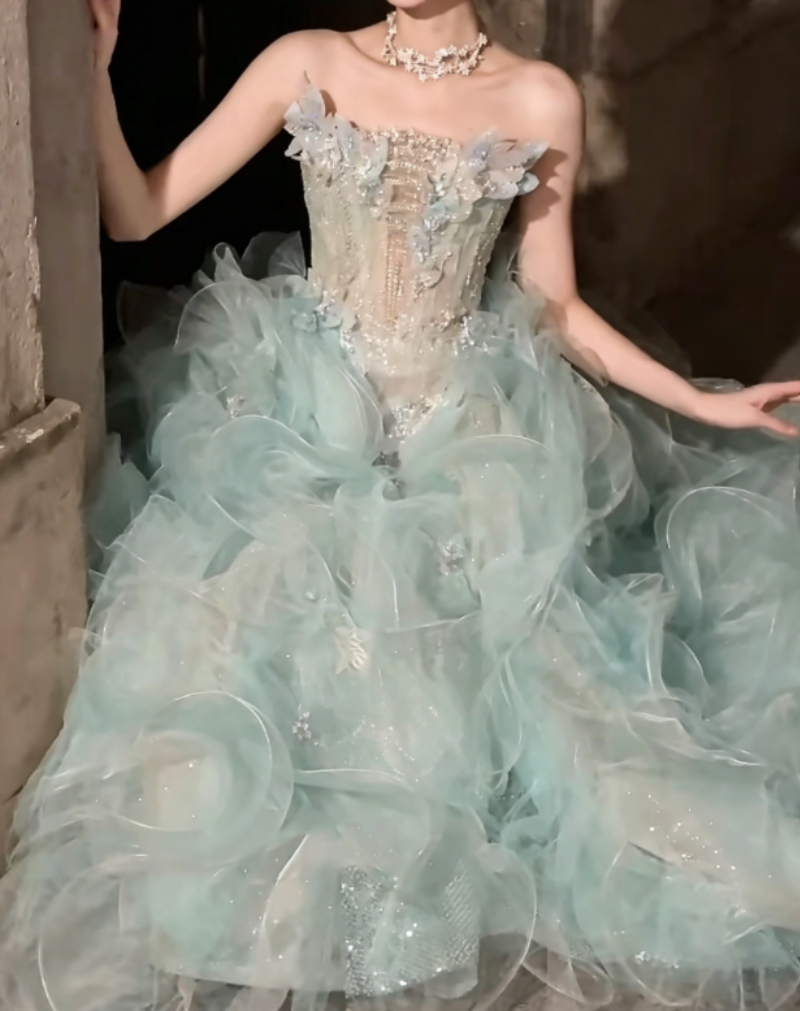Dreamy Strapless Sequins Green Prom Dress Appliques Ruffles Tulle A-Line Evening Dress GG6365
