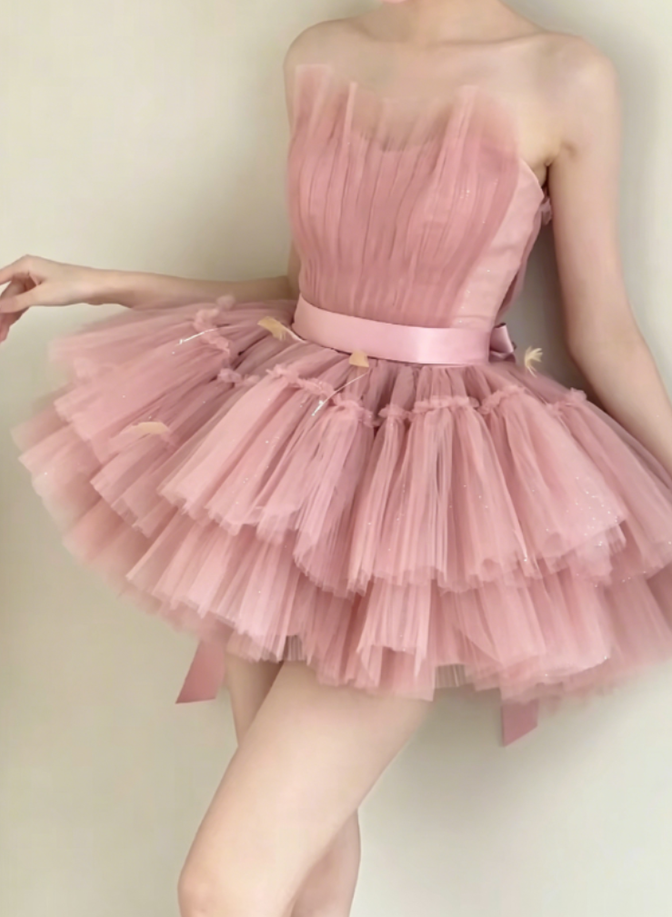 Romantic Strapless Pink Homecoming Dress Tiered Tulle Birthday Dress GG6371