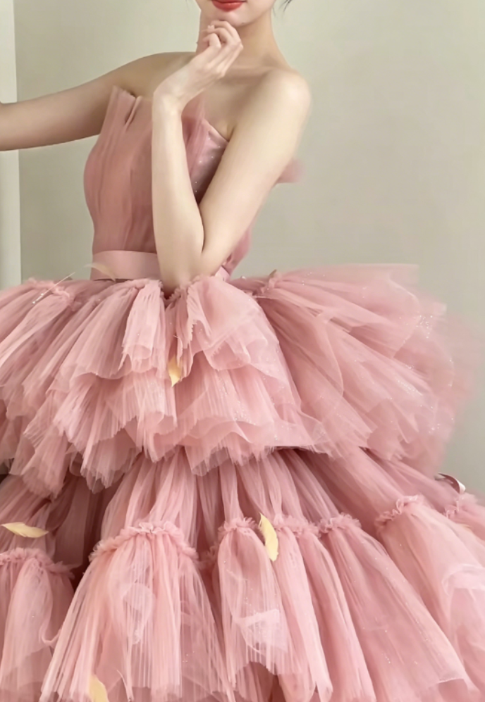 Adorable Strapless Pink Prom Dress Tiered Tulle A-Line Evening Dress GG6372