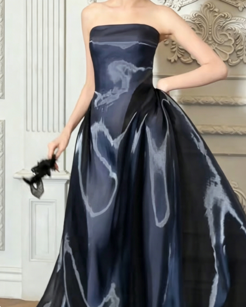 Classical Strapless Blue Prom Dress Satin A-Line Evening Dress GG6385