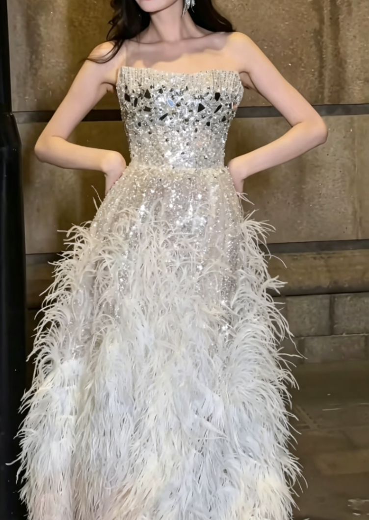 Charming Strapless Slit Silver Prom Dress Sequins Rhinestones Feather A-Line Evening Dress GG6447