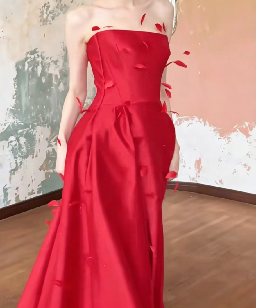 Sexy Strapless Red Prom Dress Feather A-Line Evening Dress GG6475