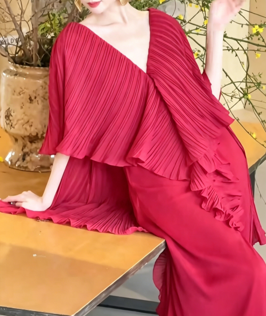 Ornate High Slit Red Prom Dress Pleated A-Line Evening Dress GG6477