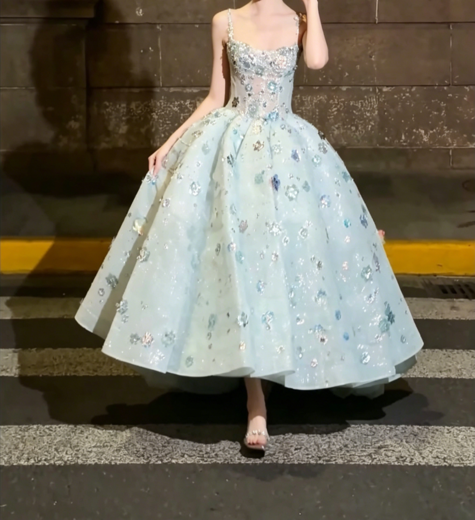 Chic Spaghetti Straps Blue Prom Dress Sequins Floral A-Line Evening Dress GG6507