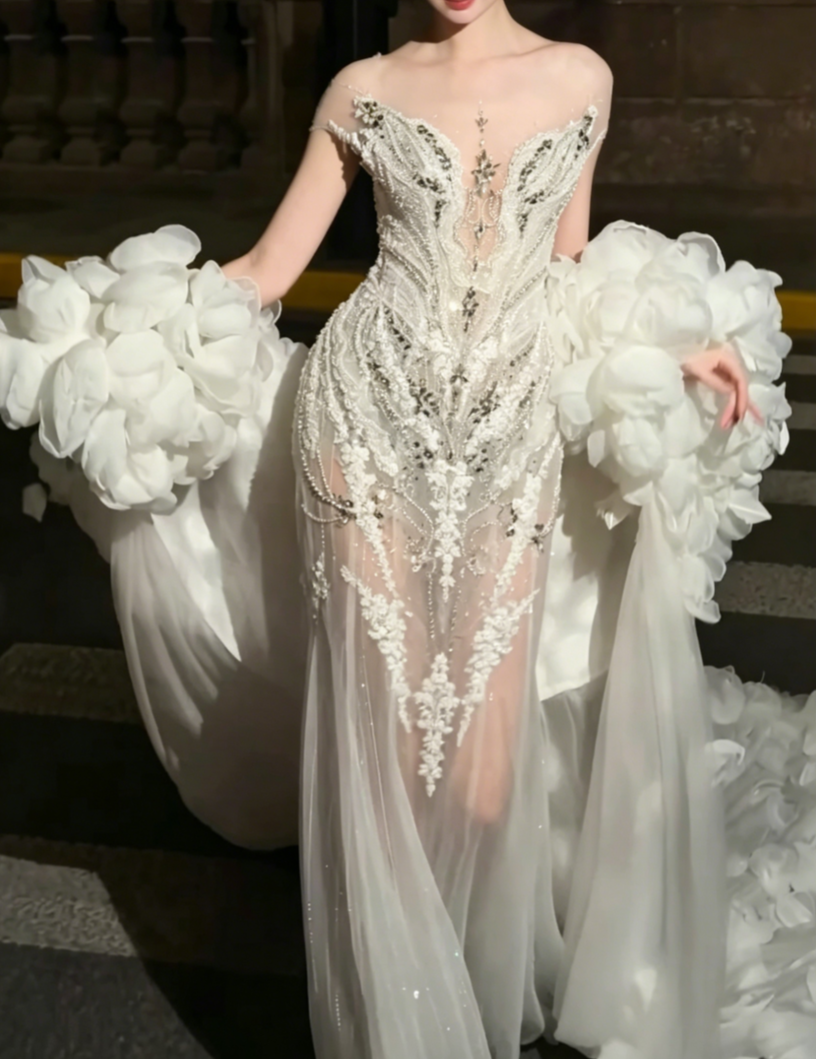 Romantic Illusion Neck Beaded Wedding Dress Rhinestones Sequins Mermiad Bridal Dress GG6508