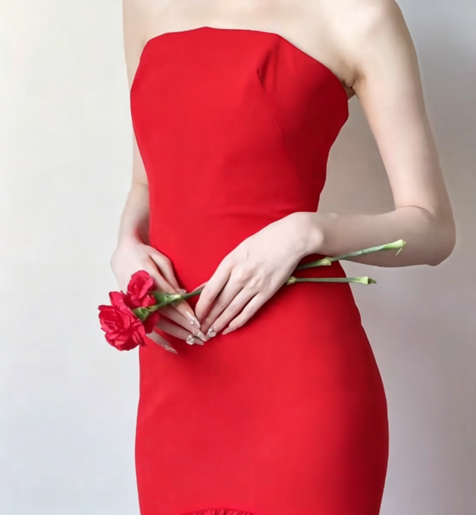 Alluring Strapless Red Prom Dress Ruched Satin Mermaid Evening Dress GG6510