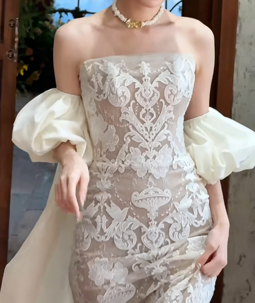 Graceful Strapless Lace Wedding Dress With Train Mermiad Bridal Dress GG6515