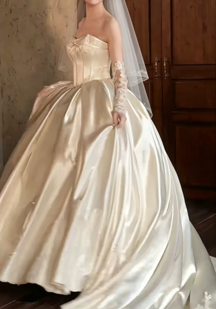 Classical Strapless Bows Wedding Dress Satin A-Line Bridal Dress GG6518