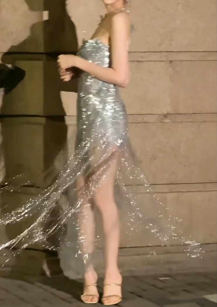 Glittering Strapless Silver Prom Dress Sequins Tassel Mermaid Evening Dress GG6568