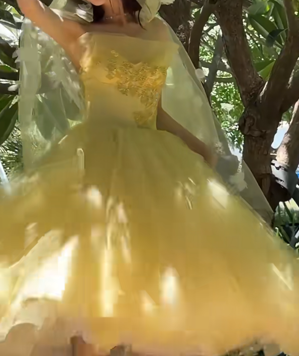 Adorable Strapless Yellow Prom Dress Tulle Beading A-Line Evening Dress GG6632