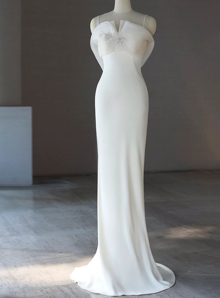 Graceful Mermaid Spaghetti Straps White Satin Long Prom Dress,Evening Dress GG796