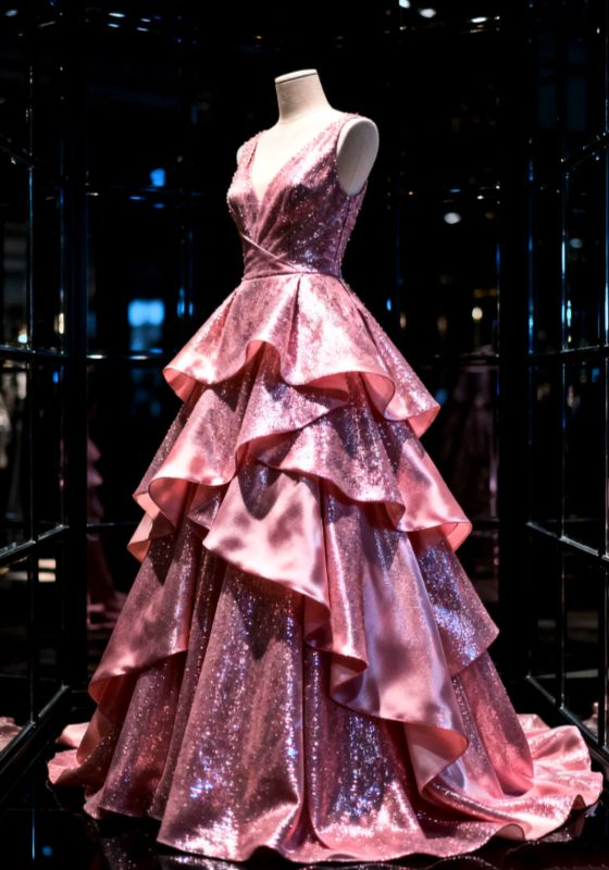 Sparkly Pink V Neck Sequin Satin Layered Ball Gown Long Birthday Dress Evening Dress
