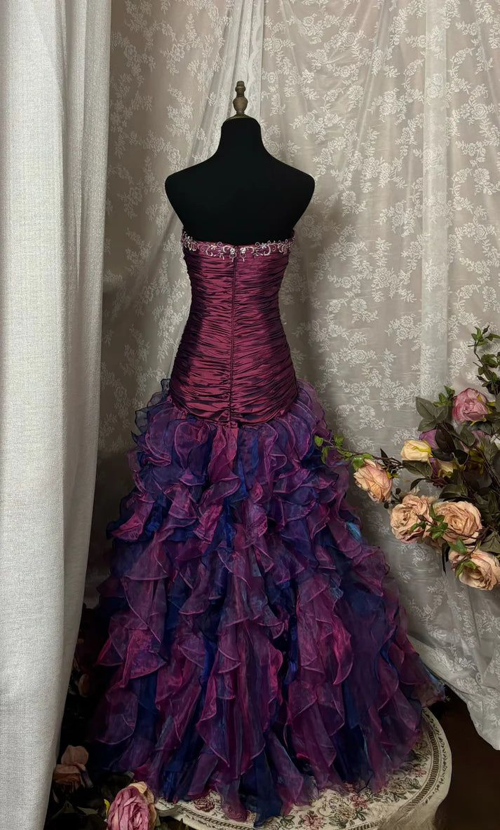 Glamorous Strapless Purple Organza Ruffles Mermaid Evening Dress Long Prom Gowns With Beads SP1807