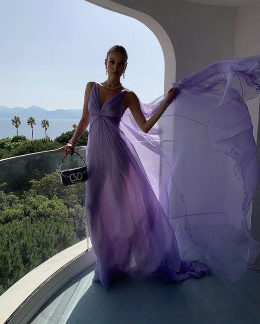 Sexy V Neck Lilac Tulle Prom Dress Long Party Evening Gown cc2087