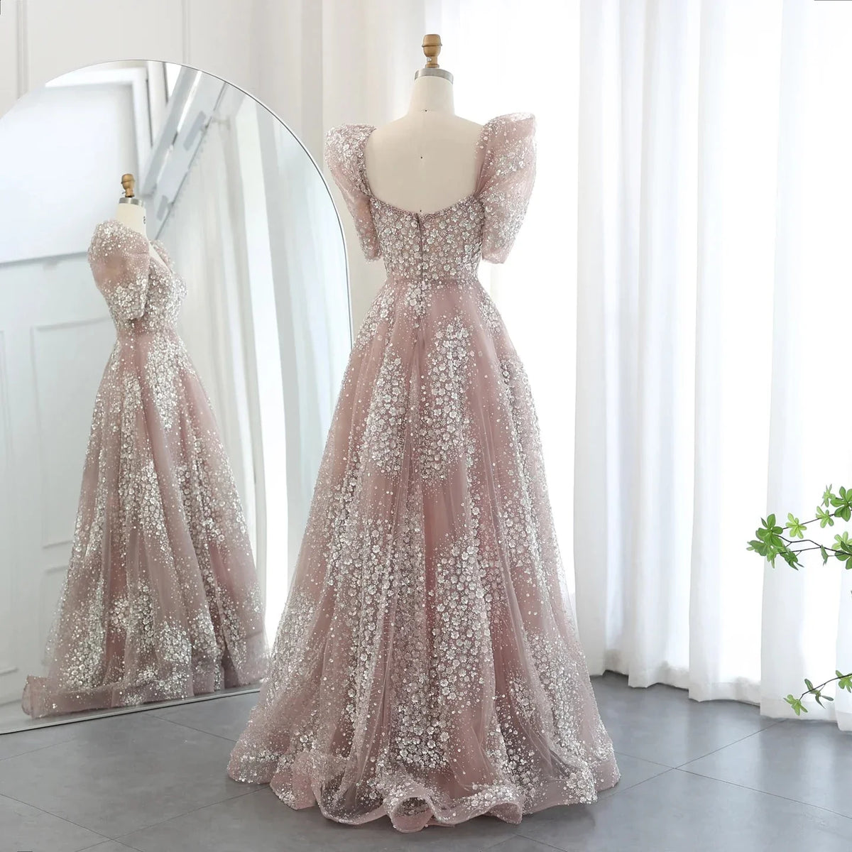 Gorgeous Sparkling Beaded Sequin Short-sleeve A-Line Long Prom Dress Evening Dress TP4557