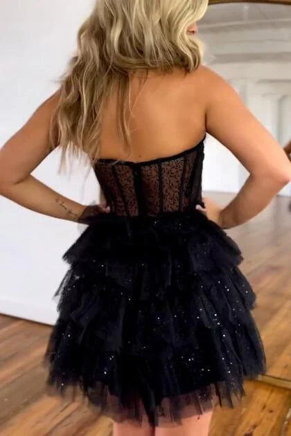 Vintage Black Glitter Design Tulle Short Strapless Homecoming Dress TP3563