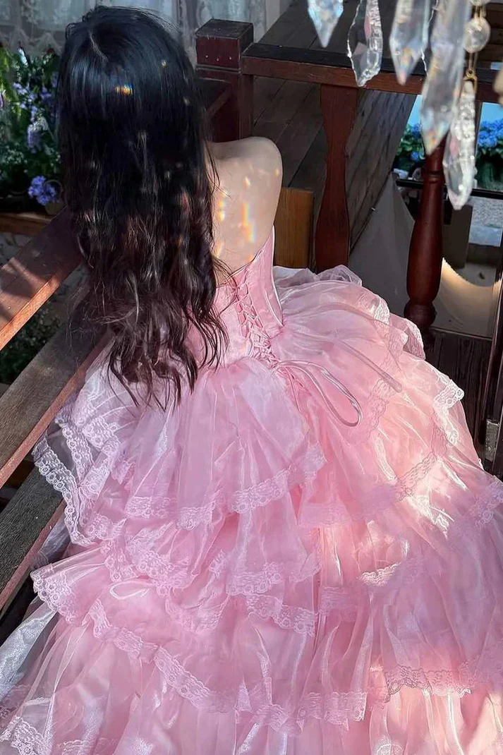 Sweet Pink Strapless Tulle Lace Layered Long Prom Gown Birthday Party Dress