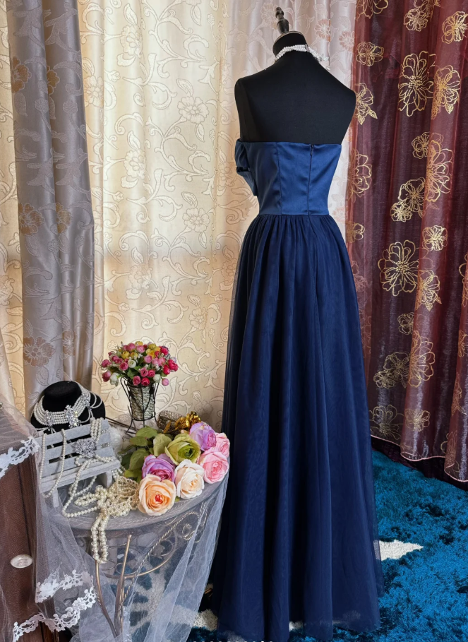 Simple Strapless Satin Tulle A Line Long Wedding Guest Dress Navy Blue Evening Dress Prom Gown SP1620