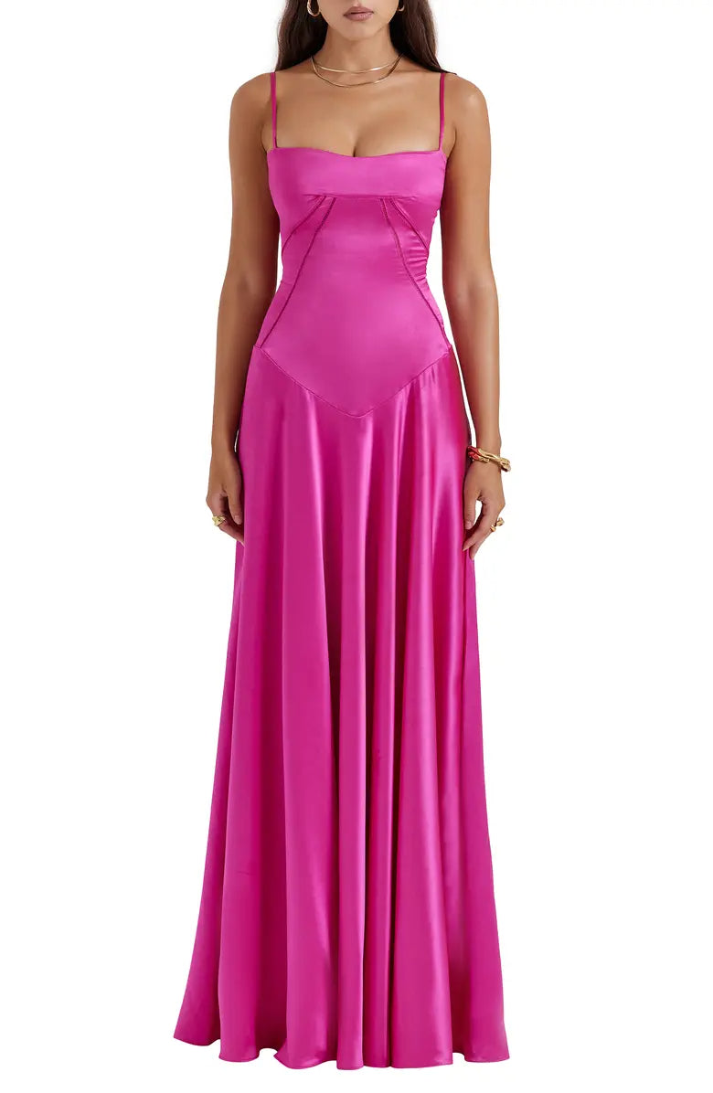 Noble black backless lace up satin thin shoulder strap and floor length evening dress