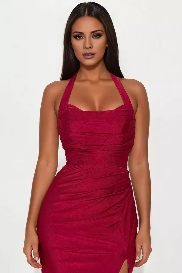 Hanging neck collar sleeveless backless side slit and floor length evening dress