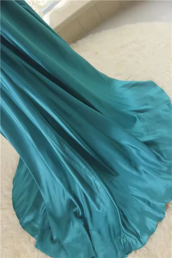 Vintage Strapless Teal Satin Beaded Mermaid Long Party Dress Birthday Prom Dress SP1689