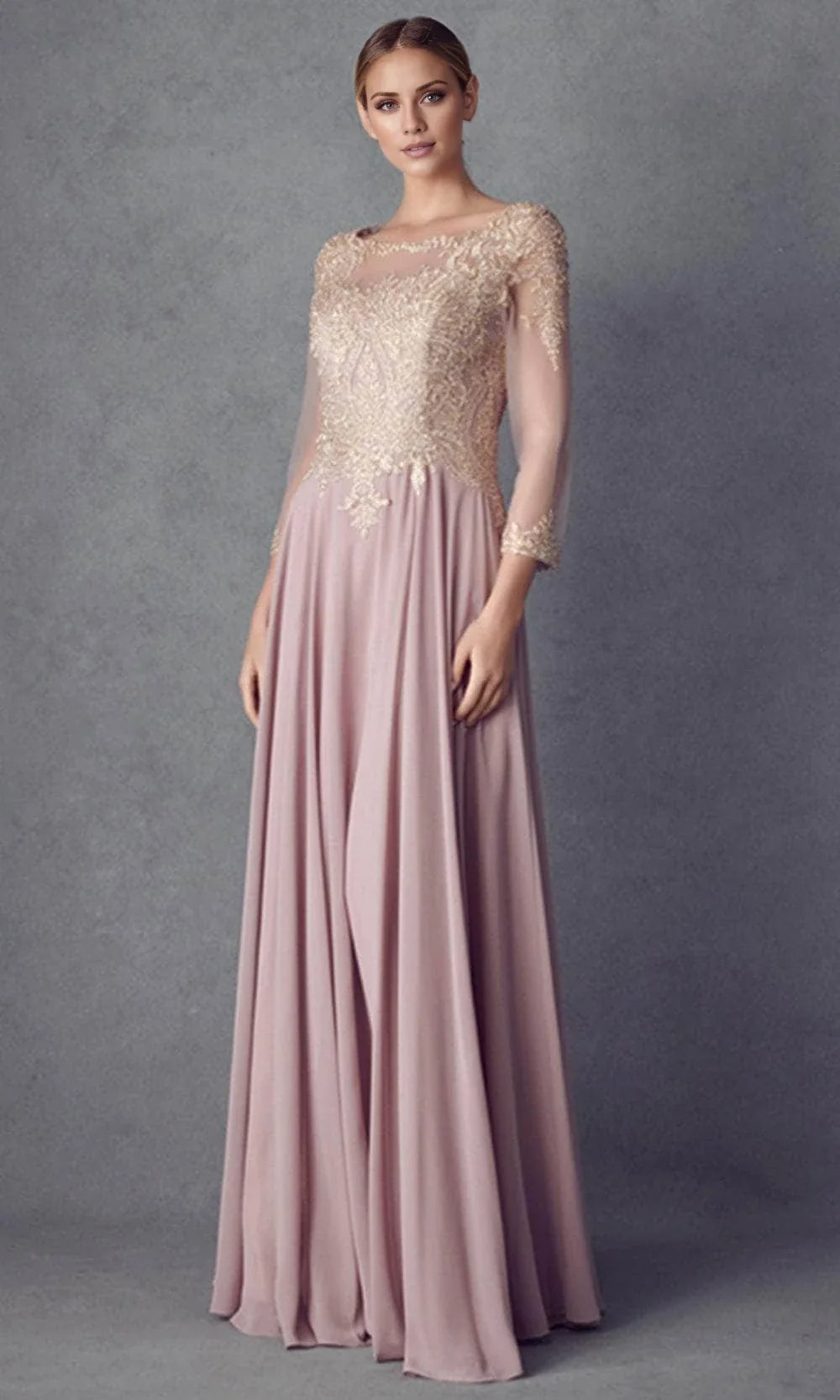 Illusion collar long sleeved lace and floor length mother of the bride dress