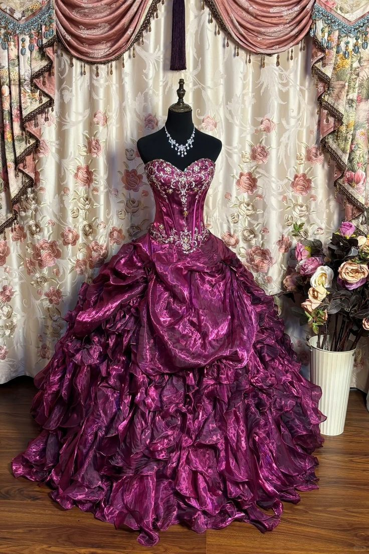 Gorgeous Strapless Purple Beaded Organza Pleated Ball Gown Sweet 16 Dress