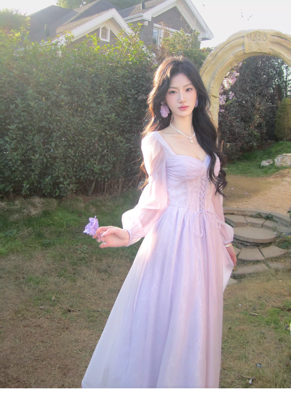 Sweet Lavender Tulle Lace A Line Long Party Dress Birthday Prom Dresses SP1500